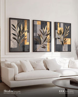 The Golden Olive Triptych - Set of 3 Modern Botanical Art – close-up detail of frame and canvas texture