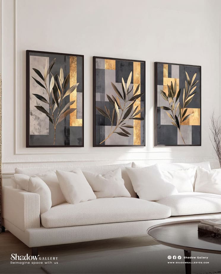 The Golden Olive Triptych - Set of 3 Modern Botanical Art – close-up detail of frame and canvas texture