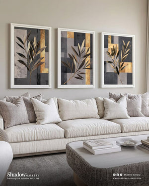 The Golden Olive Triptych - Set of 3 Modern Botanical Art – styled in a modern room setting