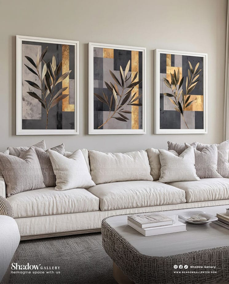 The Golden Olive Triptych - Set of 3 Modern Botanical Art – styled in a modern room setting