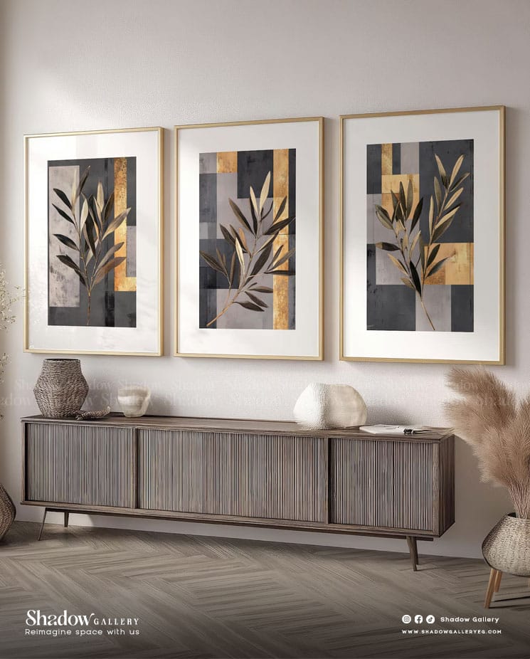 The Golden Olive Triptych - Set of 3 Modern Botanical Art – styled in a modern room setting
