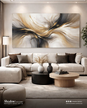 Large Abstract Gold and Black Living Room Wall Art – close-up detail of frame and canvas texture