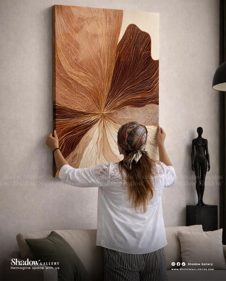 The Terracotta Bloom - Vertical Abstract Line Art – close-up detail of frame and canvas texture