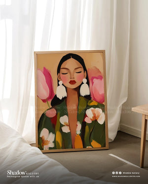 The Bloom Portrait - Vibrant Floral Woman Wall Art – styled in a modern room setting