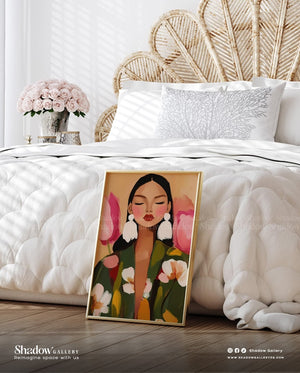 The Bloom Portrait - Vibrant Floral Woman Wall Art – close-up detail of frame and canvas texture