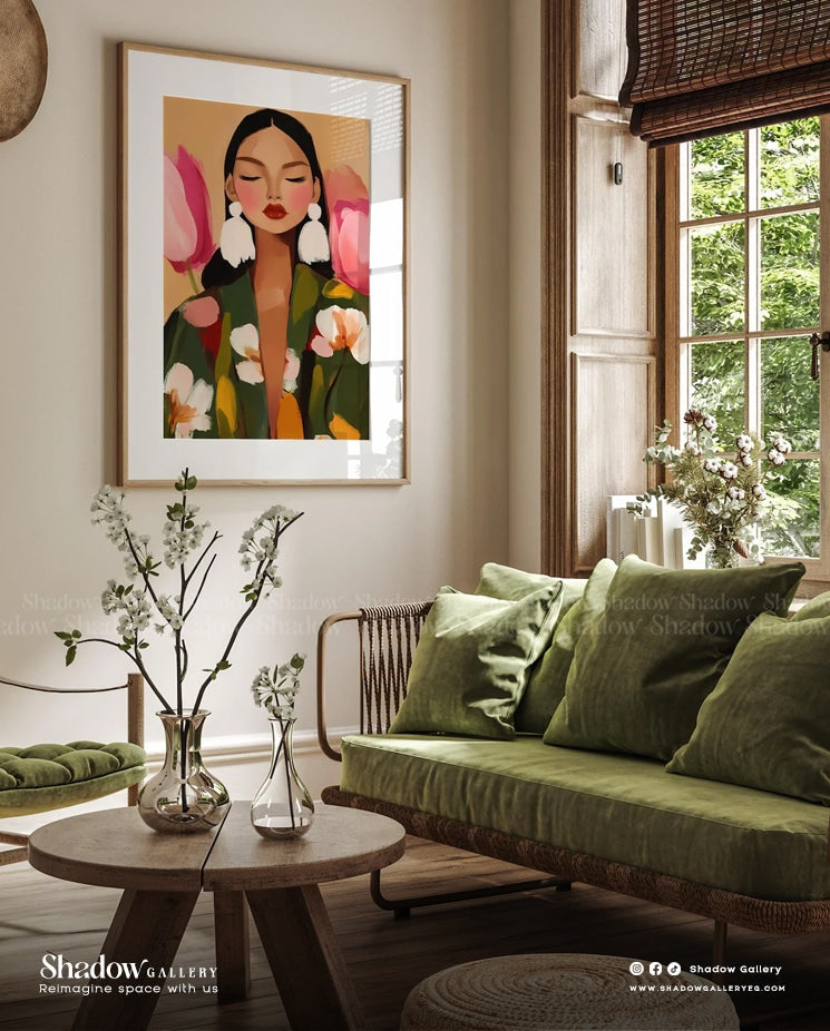 The Bloom Portrait - Vibrant Floral Woman Wall Art – styled in a modern room setting