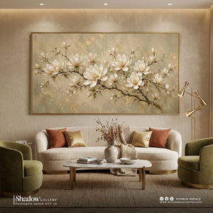 Luxury Textured White Magnolia Canvas Art – close-up detail of frame and canvas texture