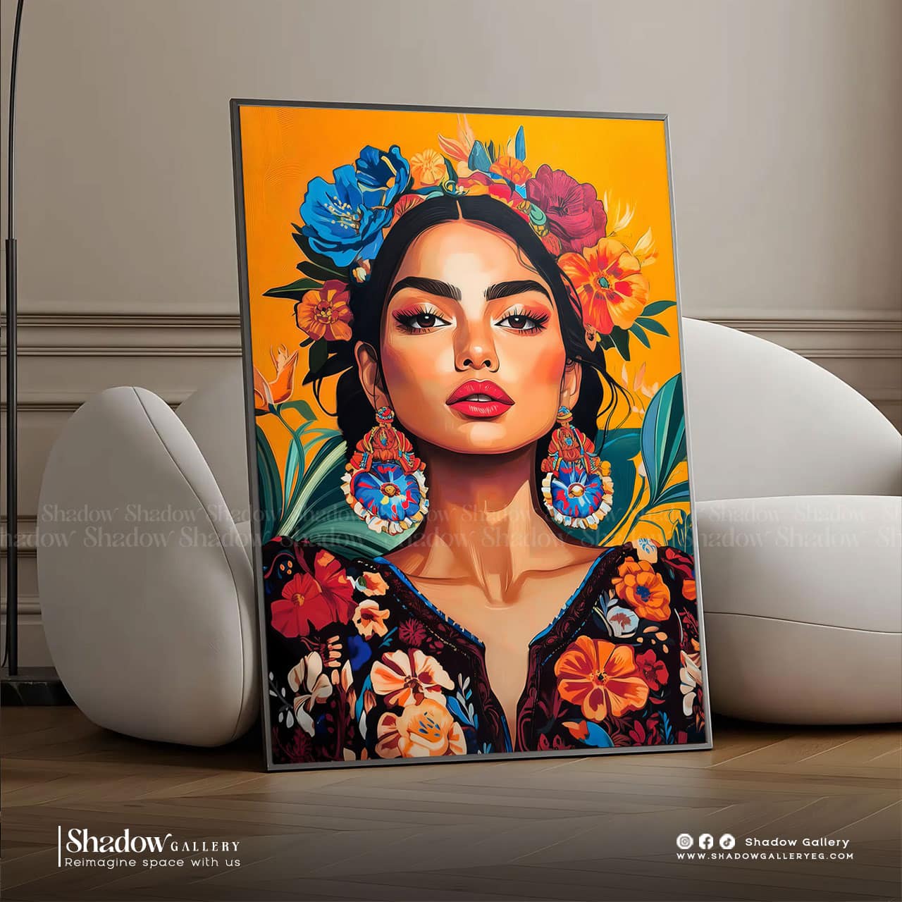 Vibrant Maximalist Woman Portrait Canvas Art – close-up detail of frame and canvas texture