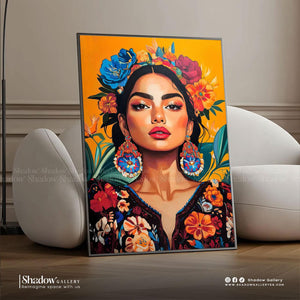 Vibrant Maximalist Woman Portrait Canvas Art – close-up detail of frame and canvas texture