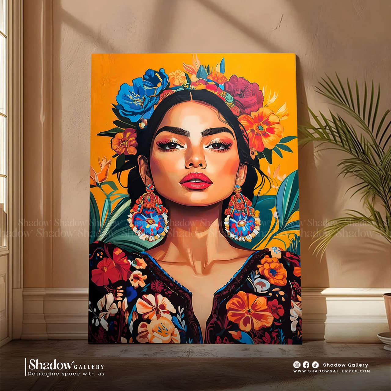 Vibrant Maximalist Woman Portrait Canvas Art – styled in a modern room setting