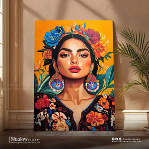 Vibrant Maximalist Woman Portrait Canvas Art – styled in a modern room setting